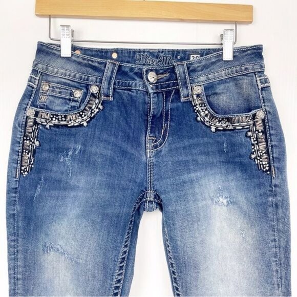 Miss Me Mid Rise Cuffed Capri Jeans Stretch Flap Pocket Rhinestones 28 - Picture 2 of 11